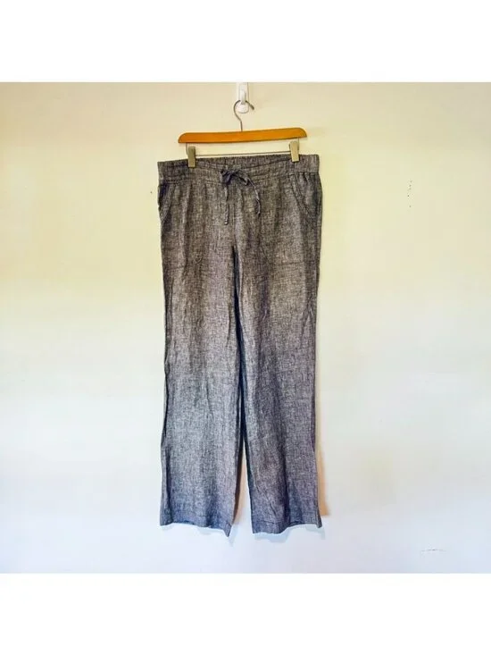 Athleta Gray Wide-Leg 100% Linen Drawstring Pants 12 Coastal Summer Vacation - Picture 5 of 14